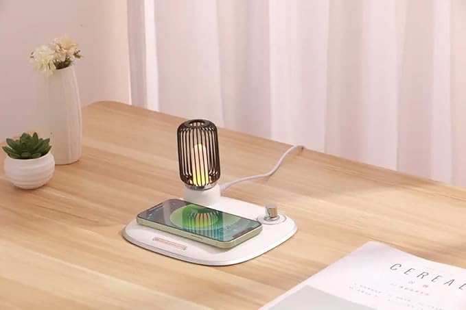 Bedside Desk Table Lamp LED with Wireless Charger Night Sleep Light Mode Dimmable Control Rotary Switch Rustic Simple Rotary Switch Metal Lamps cage QI Fast Charging Pad (White) - LeafyLoom