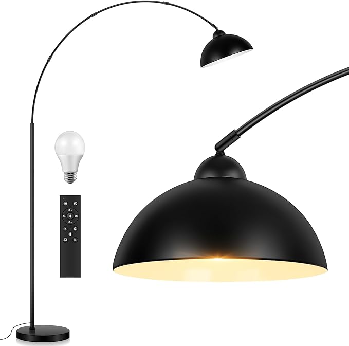 Arc Floor Lamp for Living Room with Remote, 78” Black Standing Lamp with LED Bulb, Stepless Dimmable Color Temperature & Brightness Corner Lamp, Modern Over Couch Tall Reading Light for Bedroom Office - LeafyLoom