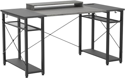 armocity Computer Desk with LED Lights, 55 Inch Desk with Power Outlet and USB, Reversible Large Desk with Moveable Monitor Stand, 55.2'' Gaming PC Table for Home Office, Workstation, Grey and Black - LeafyLoom