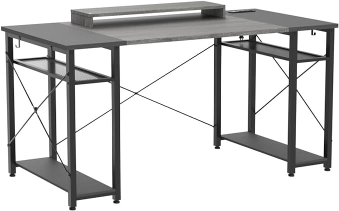 armocity Computer Desk with LED Lights, 55 Inch Desk with Power Outlet and USB, Reversible Large Desk with Moveable Monitor Stand, 55.2'' Gaming PC Table for Home Office, Workstation, Grey and Black - LeafyLoom