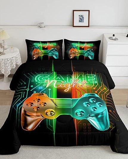 Feelyou Gamer Comforter Kids Gaming Video Game Comforter Set for Boys Teens Noverlty Modern Gamepad Bedding Set Breathable Gamer Console Bedding Duvet Set Bright Orange Green Room Decor King Size - LeafyLoom