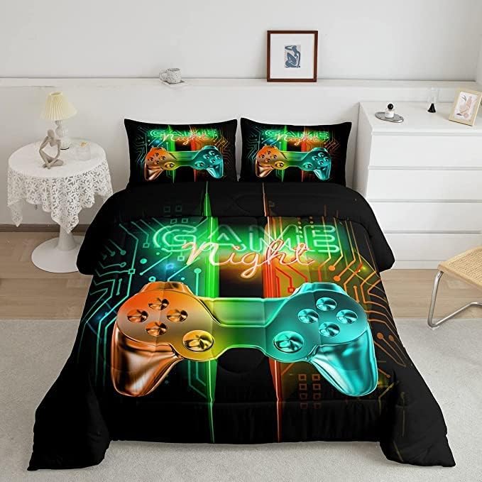 Feelyou Gamer Comforter Kids Gaming Video Game Comforter Set for Boys Teens Noverlty Modern Gamepad Bedding Set Breathable Gamer Console Bedding Duvet Set Bright Orange Green Room Decor King Size - LeafyLoom