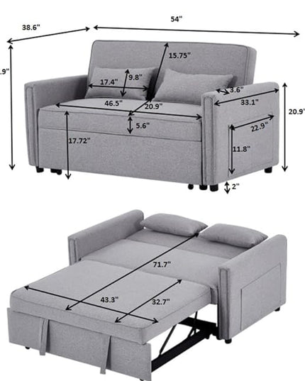 3-in-1 Linen Upholstered Sofabed Tufted Futon Loveseat Sofa Convertible Sleeper Couch Bed with Reclining Backrest and 2 Lumbar Pillows,Modern 2-Seaters Love Seat Daybed for Living Room - LeafyLoom