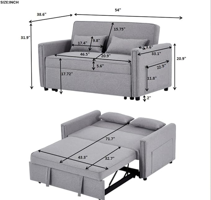 3-in-1 Linen Upholstered Sofabed Tufted Futon Loveseat Sofa Convertible Sleeper Couch Bed with Reclining Backrest and 2 Lumbar Pillows,Modern 2-Seaters Love Seat Daybed for Living Room - LeafyLoom