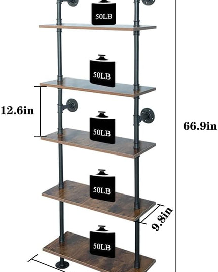 5 Tier 67inch Industrial Pipe Shelving, Shelves Shelf Rustic Tier Black in - LeafyLoom