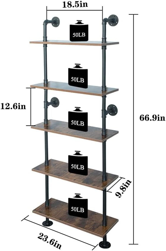 5 Tier 67inch Industrial Pipe Shelving, Shelves Shelf Rustic Tier Black in - LeafyLoom