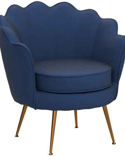 Velvet Barrel Accent Chair with Scalloped Silhouette and Gold Metal Legs, Decorative Piece Suitable for Traditional, Modern, and Contemporary Spaces, Navy Blue - LeafyLoom