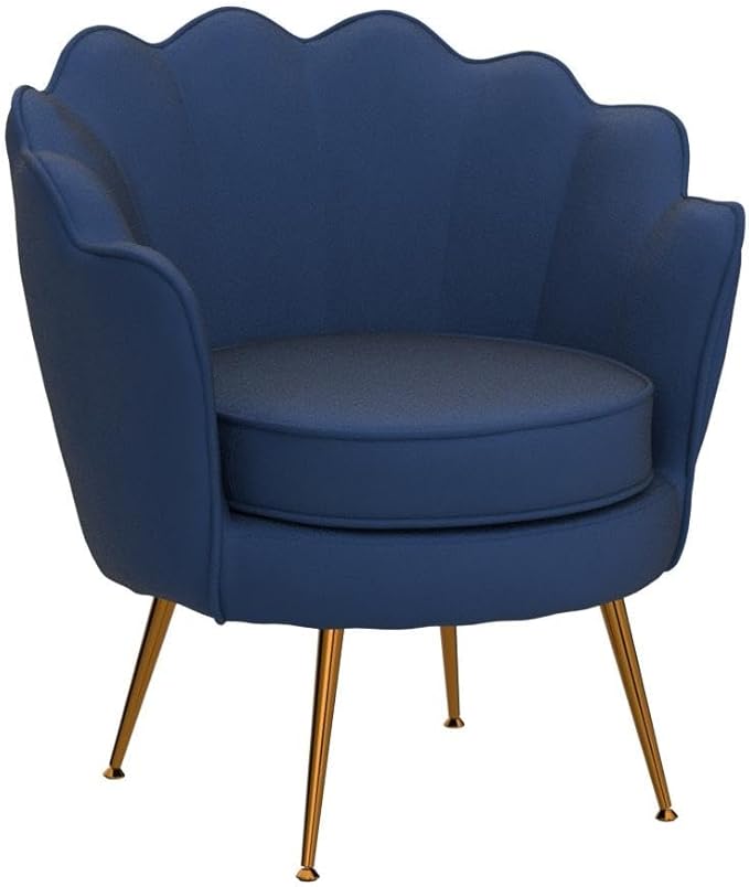 Velvet Barrel Accent Chair with Scalloped Silhouette and Gold Metal Legs, Decorative Piece Suitable for Traditional, Modern, and Contemporary Spaces, Navy Blue - LeafyLoom