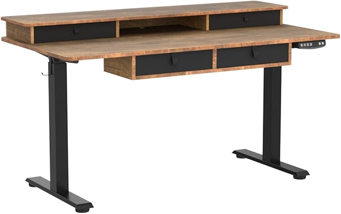 55 * 30 Inches Electric Standing Widened Desk Adjustable Height with 4 Drawers, Double Storage Shelves Stand Up Desk, Home Office Workstation Sit Stand up Desk (Rustic Brown) - LeafyLoom