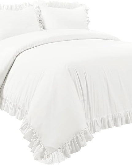 Lush Decor Reyna Ruffle 100% Cotton Duvet Cover Set - 3 Piece Cozy Ruffled Bedding Set - Timeless Elegance and Comfort - King, Pure White - LeafyLoom