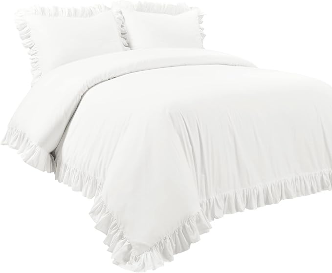 Lush Decor Reyna Ruffle 100% Cotton Duvet Cover Set - 3 Piece Cozy Ruffled Bedding Set - Timeless Elegance and Comfort - King, Pure White - LeafyLoom