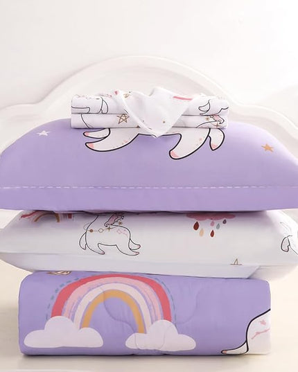 Wajade Kids Purple Unicorn Comforter Set Bed in A Bag Full Size 7 Piece Cute Unicorn Rainbow Clouds Bedding Set for Girls (1 Comforter, 1 Flat Sheet, 1 Fitted Sheet, 2 Pillowcase and 2 Pillow Sham) - LeafyLoom