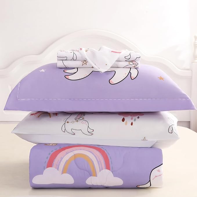 Wajade Kids Purple Unicorn Comforter Set Bed in A Bag Full Size 7 Piece Cute Unicorn Rainbow Clouds Bedding Set for Girls (1 Comforter, 1 Flat Sheet, 1 Fitted Sheet, 2 Pillowcase and 2 Pillow Sham) - LeafyLoom