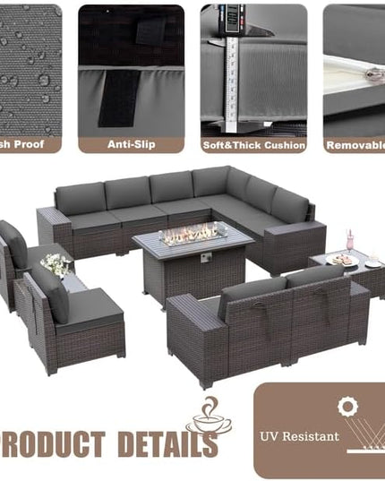 Patio Furniture Sectional Sofa Set 13-Pieces PE Rattan Patio Conversation Set w/43in Gas Fire Pit Table, Outdoor Furniture with 55000 BTU Propane Fire Pit, Grey - LeafyLoom