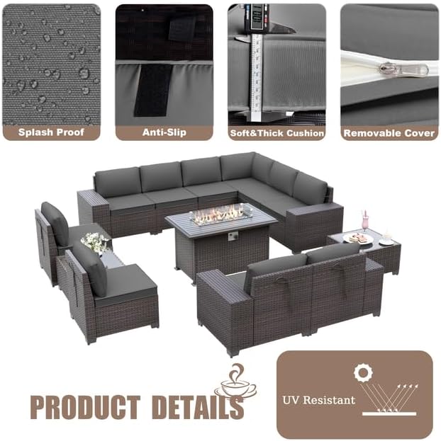 Patio Furniture Sectional Sofa Set 13-Pieces PE Rattan Patio Conversation Set w/43in Gas Fire Pit Table, Outdoor Furniture with 55000 BTU Propane Fire Pit, Grey - LeafyLoom
