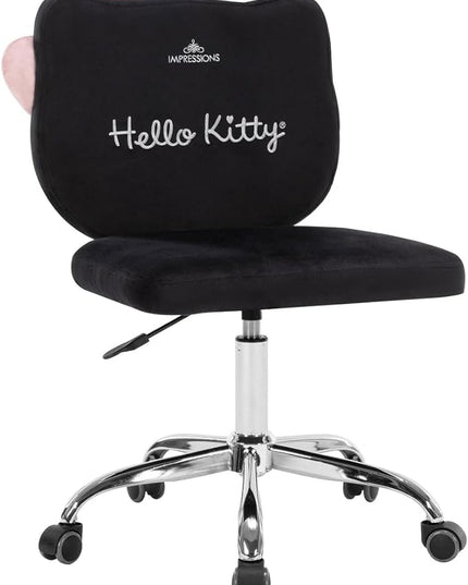 Impressions Vanity Hello Kitty Kawaii Swivel Vanity Chair for Makeup Room, Adjustable Height Cute Desk Chair with Wheels Rolling, Comfy Polyurethane Foam Back Armless Chair for Dorm (Black) - LeafyLoom