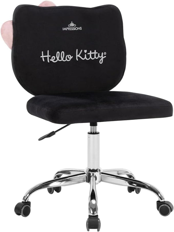Impressions Vanity Hello Kitty Kawaii Swivel Vanity Chair for Makeup Room, Adjustable Height Cute Desk Chair with Wheels Rolling, Comfy Polyurethane Foam Back Armless Chair for Dorm (Black) - LeafyLoom