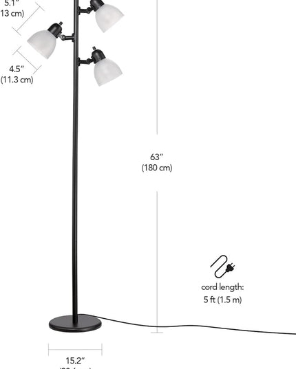 Globe Electric 12719 Life 63" 3-Light Floor Lamp, Matte Plastic, LED Bulbs Included, Black with Frosted Shade - LeafyLoom