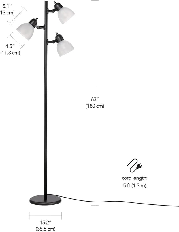 Globe Electric 12719 Life 63" 3-Light Floor Lamp, Matte Plastic, LED Bulbs Included, Black with Frosted Shade - LeafyLoom
