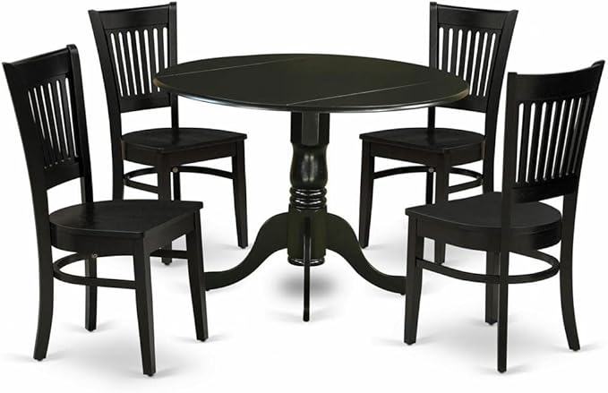 East West Furniture Dublin 5 Piece Set includes a Round Dining Room Table with Dropleaf and 4 Kitchen Chairs, 42x42 Inch, Black - LeafyLoom