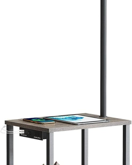SUNMORY Floor Lamp with Table, Lamps for Living Room with Charging Station(USB & AC Port), Rustic End Table Lamp with Shelves & 3-Color Temperature LED Bulb, Lamp Table for Living Room, Rubber wood - LeafyLoom
