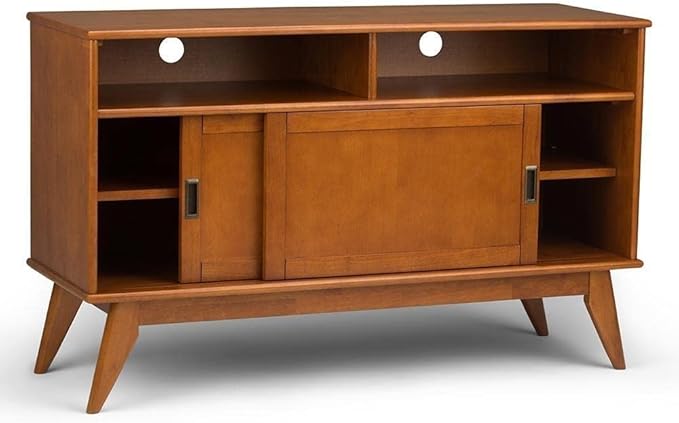 SIMPLIHOME Draper SOLID HARDWOOD 54 Inch Wide Mid Century Modern TV Media Stand in Teak Brown For TVs up to 60 Inches, For the Living Room and Entertainment Center - LeafyLoom