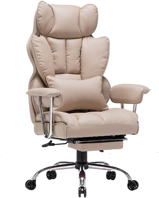 Desk Office Chair 400LBS, Big and Tall Office Chair, PU Leather Computer Chair, Executive Office Chair with Leg Rest and Lumbar Support, Dark Beige Office Chair - LeafyLoom
