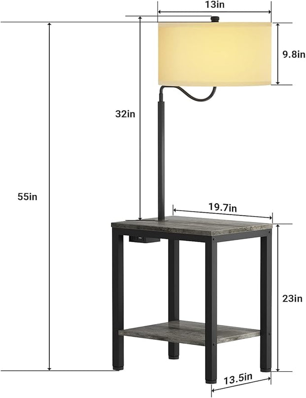 LED Floor Lamp with Table - End Table with USB Charging Port, Power Outlet, Bedside Nightstand Shelves, Side Table with Reading Standing Light for Living Room, Black Oak, Bulb Included, 2 Pack - LeafyLoom