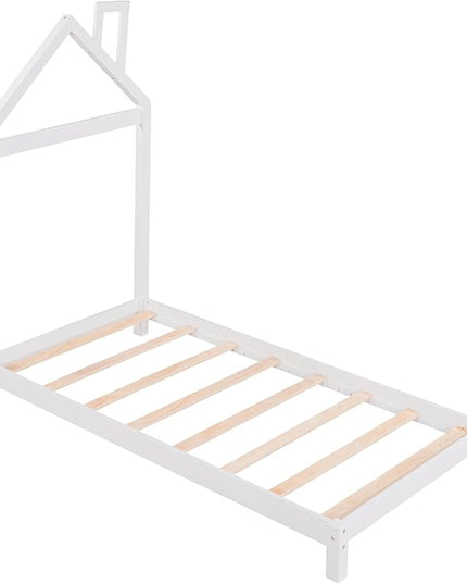 Twin Bed Frame/Kids Bed Frames with Headboard and Slats, Wood Platform Bed with House Shaped Headboard, Twin Size Bed for Kids, Boys, Girls, No Box Spring Needed(White) - LeafyLoom