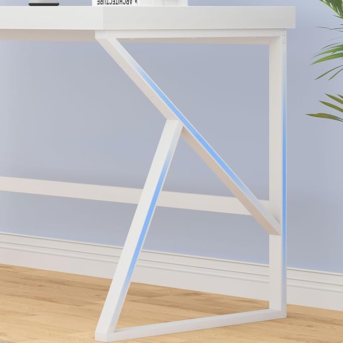 HSH White Computer Desk, Modern Wood Home Office Desk, PC Desk for Executive Work Writing Study Gaming Student Bedroom, Farmhouse Simple Wooden and Metal Computer Table Workstation, White Oak 55 Inch - LeafyLoom