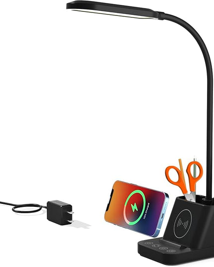 College Dorm Room Essentials Desk Lamp for Girls/Guys/Teens, Small Desk Lights with Wireless Charger, LED Black Reading Lamps for Home Office, Pen Holder, Kids Study Lamp with Storage - LeafyLoom