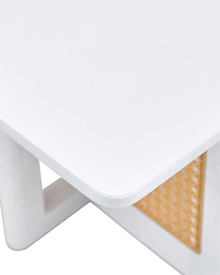 Chinese Style Coffee Table, Rattan Rectangular Solid Wood Coffee Table, Mid Century Modern Coffee Table Center Table Tea Table for Living Room Office, White - LeafyLoom