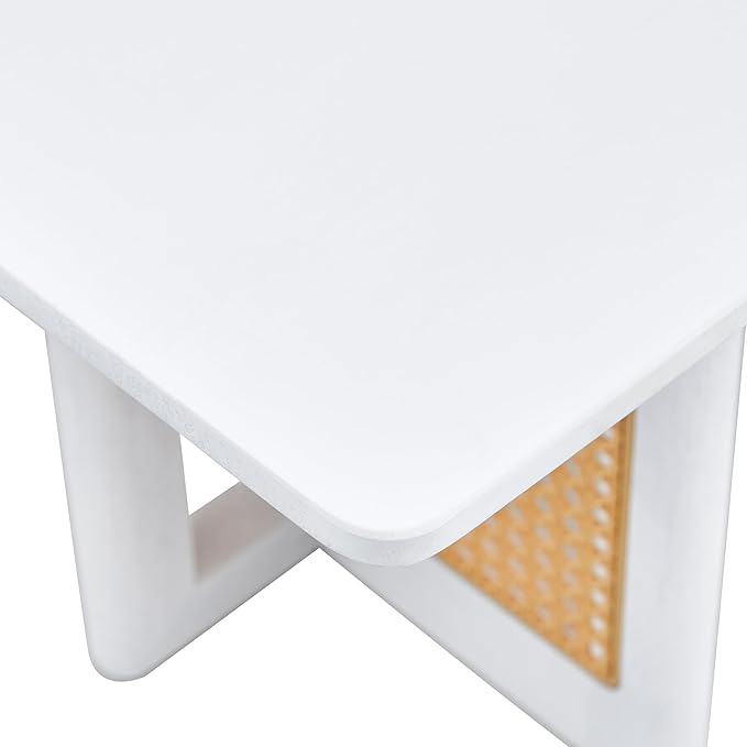 Chinese Style Coffee Table, Rattan Rectangular Solid Wood Coffee Table, Mid Century Modern Coffee Table Center Table Tea Table for Living Room Office, White - LeafyLoom