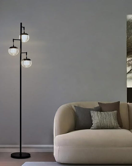 Modern 3 Globe Black Floor Lamps with Acrylic Crystal Sphere Shade and 3000K LED Bulbs Included, Mid Century Standing Lamp, Farmhouse Vintage Tall Lamp for Living Room Bedroom Office - LeafyLoom