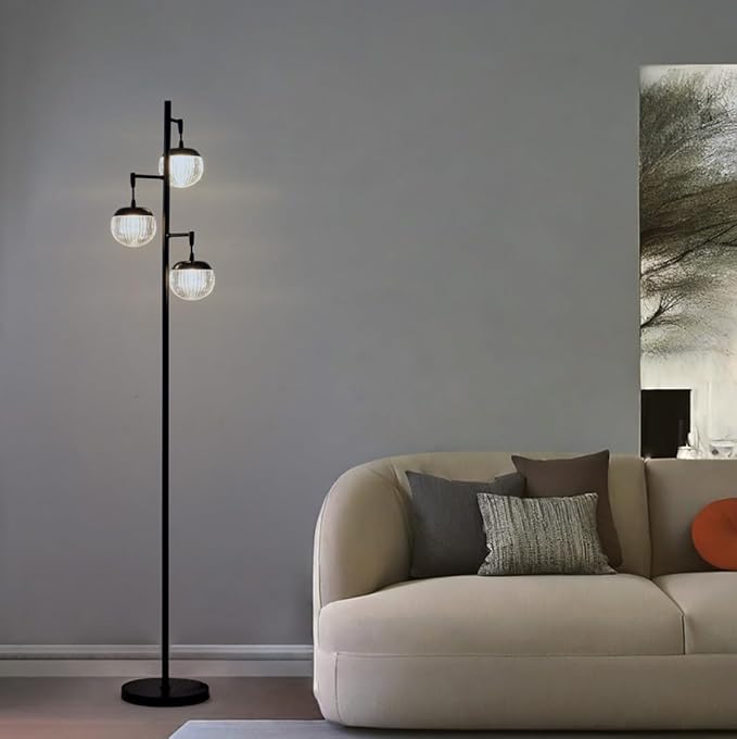 Modern 3 Globe Black Floor Lamps with Acrylic Crystal Sphere Shade and 3000K LED Bulbs Included, Mid Century Standing Lamp, Farmhouse Vintage Tall Lamp for Living Room Bedroom Office - LeafyLoom