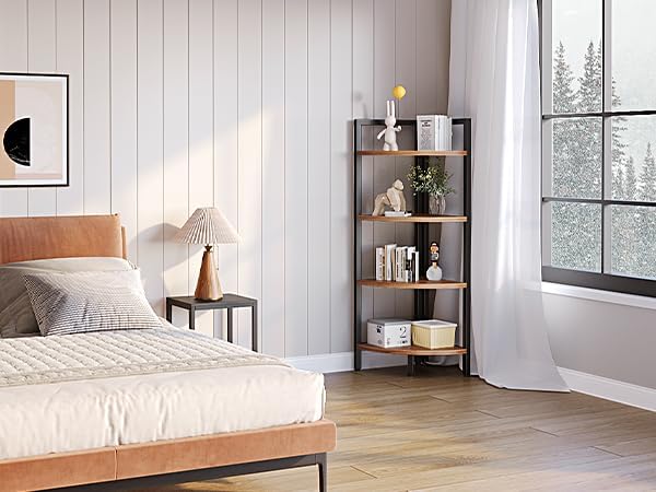 SAYGOER Corner Bookshelf 4 Tier Stand Storage Shelf Modern Black Bookcase Ladder Standing Shelves Display Rack Plant Stand for Small Spaces, Bedroom, Living Room,Walnut Oak - LeafyLoom