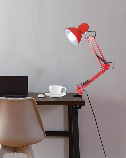 Led Desk Lamp with Clamp - Swing Arm Desk Lamp with 5 LED Cold Light Bulbs 6500K - Folding Table Lamp，Used for Office, Work, Study, Dormitory Reading and Eye Protection Desk Lamp (Red-5) - LeafyLoom