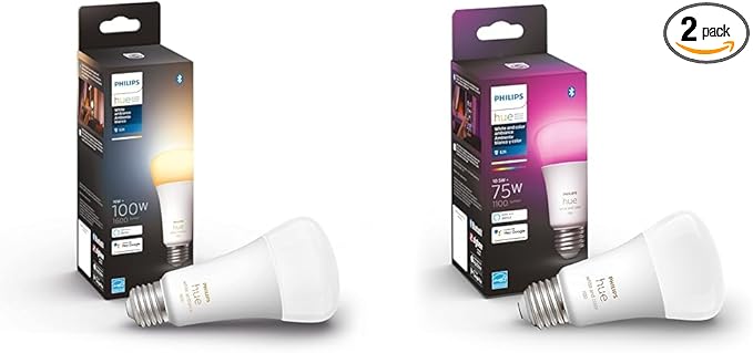 Philips Hue Smart 100W A21 LED Bulb - White Ambiance Warm-to-Cool White Light - 1 Pack - 1600LM & Smart 75W A19 LED Bulb - White and Color Ambiance Color-Changing Light - 1 Pack Philips+Hue
