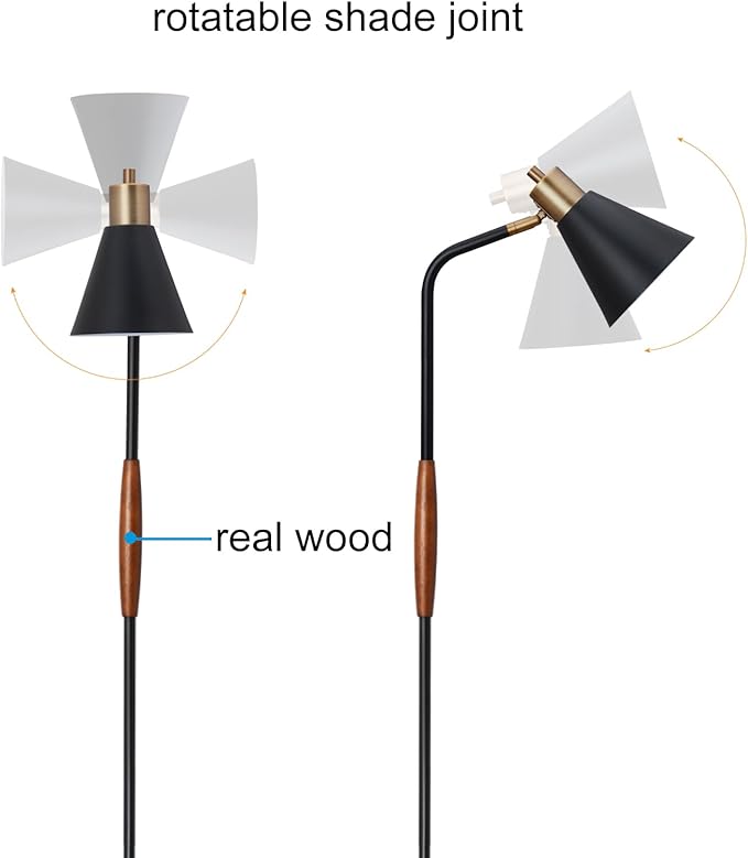 NIOSTA Height Adjustable Reading Floor Lamp,Industrial Modern Style,360 Degree Rotatable,Black & Brushed Copper Finsh, 3 Color Temperature (Black+Wood) - LeafyLoom