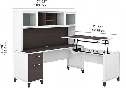 Bush Furniture Somerset 72W 3 Position Sit to Stand L Shaped Desk with Hutch in White and Storm Gray - LeafyLoom