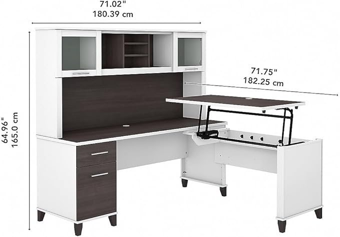 Bush Furniture Somerset 72W 3 Position Sit to Stand L Shaped Desk with Hutch in White and Storm Gray - LeafyLoom