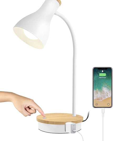 Metal Desk Lamp Touch Reading Lights Table Lamp Arc Desk Lamps for Bedroom, 3 Way Dimmable Bedside Lamp with USB Charging Ports, Reading Lamp for Study Room and Office - (White-02) - LeafyLoom