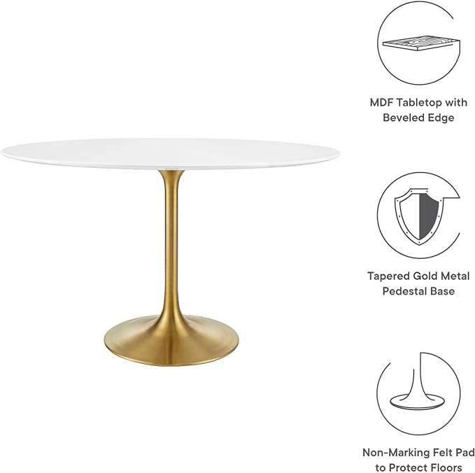 Modway Lippa 48" Oval-Shaped Mid-Century Modern Dining Table with White Wood Top and Gold Base - LeafyLoom