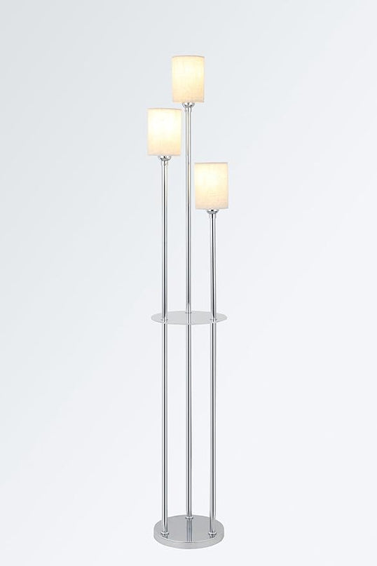 Floor Lamps for Living Room, 3-Lights Modern Floor Lamp with Shelves, Chrome Standing Lamp with Fabric Shade and Foot Switch, Shelf Standing Lamps with Table, Tall Lamps for Bedroom Office - LeafyLoom