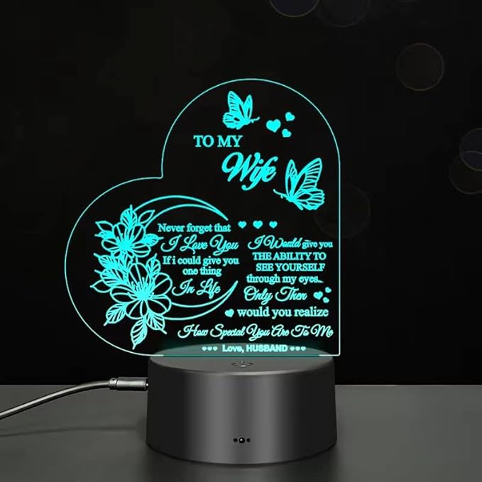 Dear Wife I Love You 3D Light, 7-Color USB Charging Bedside Lamp Decoration, I Love You My Wife 3D Light Gift from Husband, New Love Heart Wife's Birthday Gifts, Home Decoration for My Wife - LeafyLoom