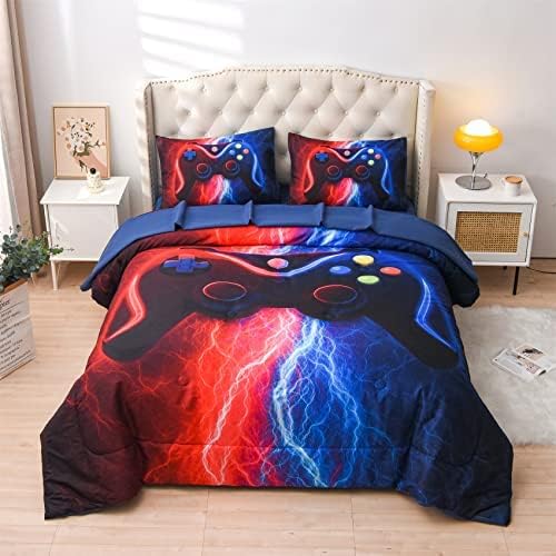 Meeting Story Gamer Gaming Bedding Sets Red Blue Lightnings Gamepad Comforter Set for Boys Games Console Action Buttons Novelty Colorful Modern Room Decor Home Quilt Set (Red-Blue, Queen 5Pcs) - LeafyLoom