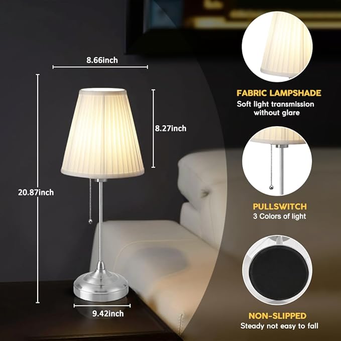 LED Metal Table Lamp,Fabric Shade Desk Lamp,3 Color Bedside Lamp,Built-in bulb,Night Light for Kids Nursery,Dining Room Lamp - LeafyLoom