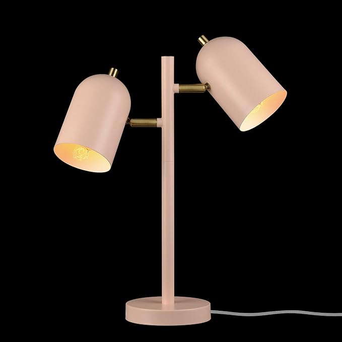 Globe Electric 30290 Carter 18" 2-Light Desk Lamp, Matte Pink, Matte Brass Accents, 2.1A USB Port, On/Off Rotary Switch on Each Shade - LeafyLoom