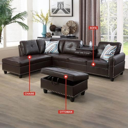 ROOMTEC Modern L Shaped Sectional Sofa with Storage Ottoman, Left Facing Chaise Longue, Reversible Backrest w/ 2 Cup Holders, Faux Leather Tufted Cushions, for Living Room, Apartment, Brown - LeafyLoom