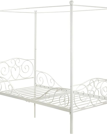 DHP Metal Canopy Kids Platform Bed with Four Poster Design, Scrollwork Headboard and Footboard, Underbed Storage Space, No Box Sring Needed, Twin, Pewter - LeafyLoom